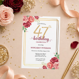 Elegant Gold Blush Floral 47th Birthday Party Invitation