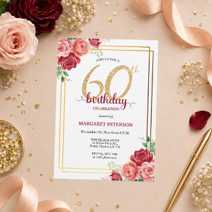 Elegant Gold Blush Floral 60th Birthday Party Invitation
