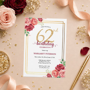 Elegant Gold Blush Floral 62nd Birthday Party Invitation