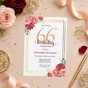 Elegant Gold Blush Floral 66th Birthday Party Invitation