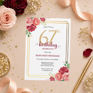 Elegant Gold Blush Floral 67th Birthday Party Invitation