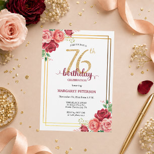 Elegant Gold Blush Floral 76th Birthday Party Invitation