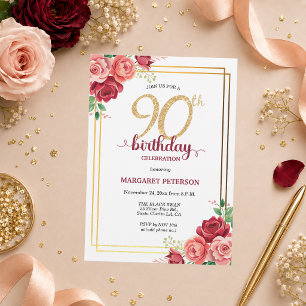 Elegant Gold Blush Floral 90th Birthday Party Invitation