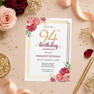 Elegant Gold Blush Floral 94th Birthday Party Invitation
