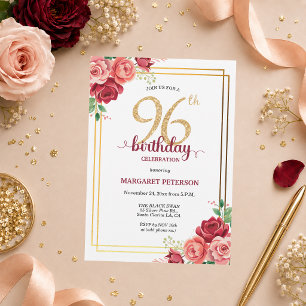 Elegant Gold Blush Floral 96th Birthday Party Invitation