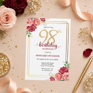 Elegant Gold Blush Floral 98th Birthday Party Invitation