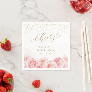 Elegant gold & blush floral cheers birthday napkin
