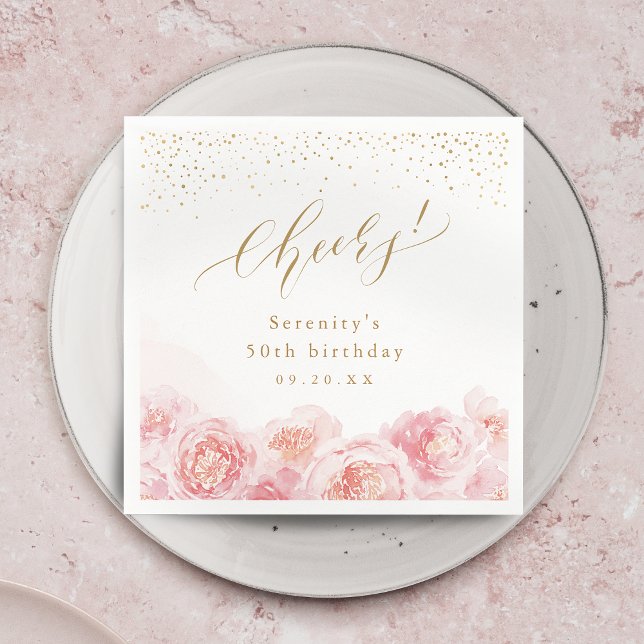 Elegant gold & blush floral cheers birthday napkin (Elegant gold & blush floral cheers birthday napkins)
