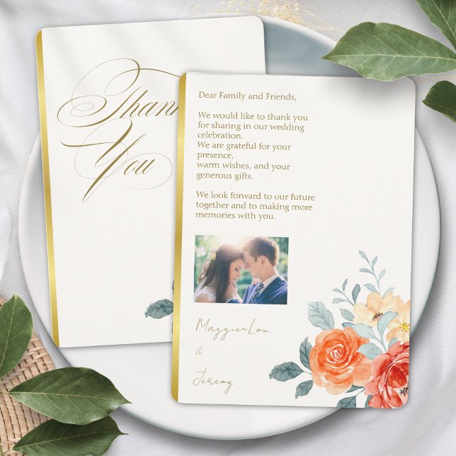 Elegant Gold Blush Floral Script Wedding Photo Thank You Card (Creator Uploaded)