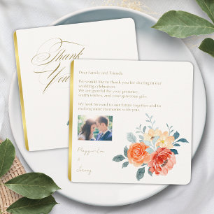 Elegant Gold Blush Floral Script Wedding Photo Thank You Card