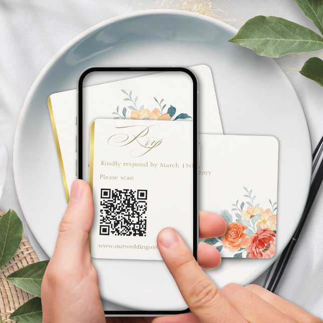Elegant Gold Blush Floral Script Wedding QR Code RSVP Card (Creator Uploaded)