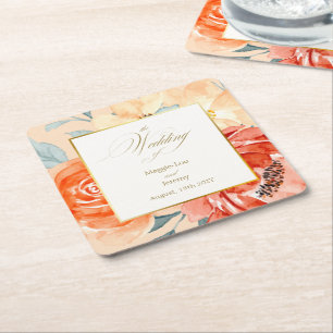 Elegant Gold Blush Floral Script Wedding Square Paper Coaster