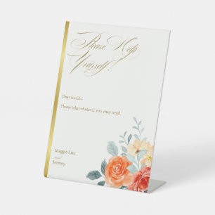 Elegant Gold Blush Floral Wedding Bathroom Basket Pedestal Sign