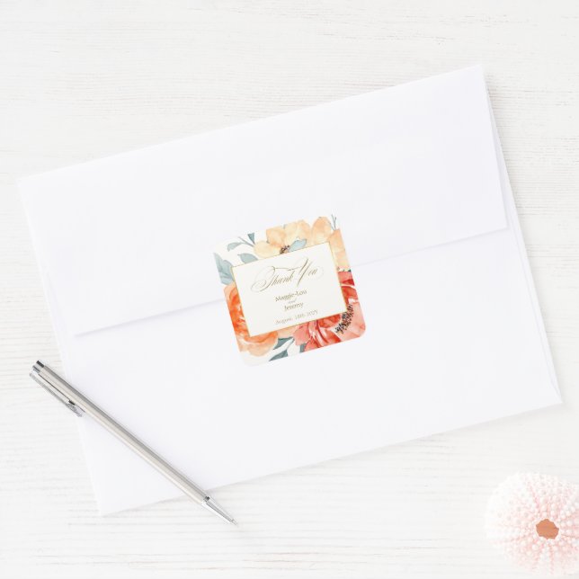 Elegant Gold Blush Floral Wedding Thank You Square Sticker (Envelope)