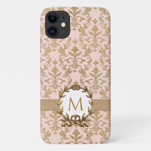 Elegant Gold Blush Pink Damask Glitter Monogram Case-Mate iPhone Case (Back)