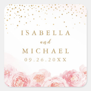 Elegant gold & blush pink floral wedding favour square sticker