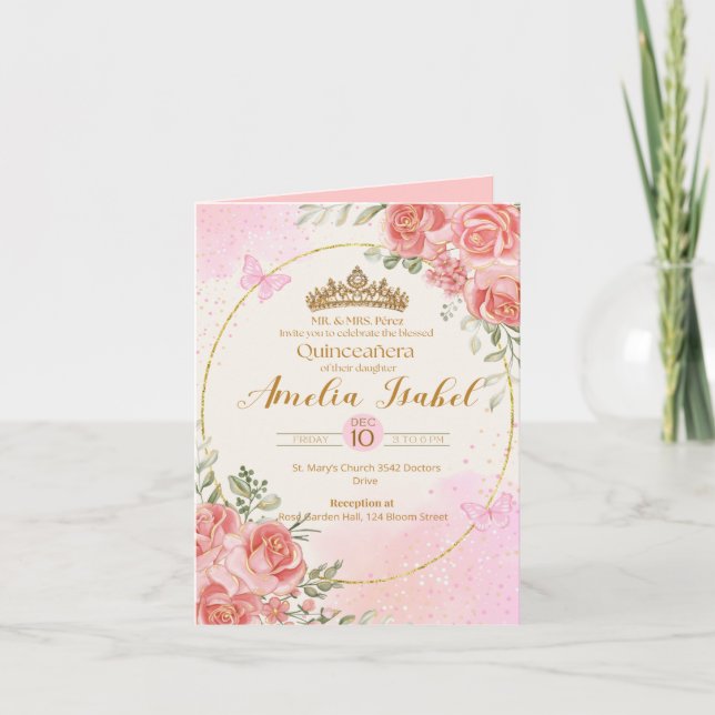 Elegant Gold & Blush Quinceañera Invitation (Front)