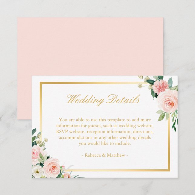Elegant Gold Blushing Pink Floral Wedding Details Enclosure Card (Front/Back)