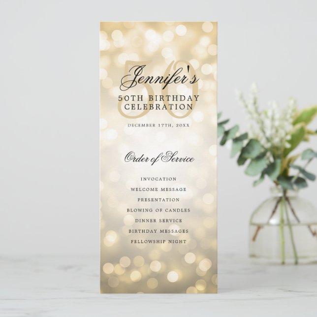 Elegant Gold Bokeh 50th Birthday Program w/ Menu Invitation (Standing Front)