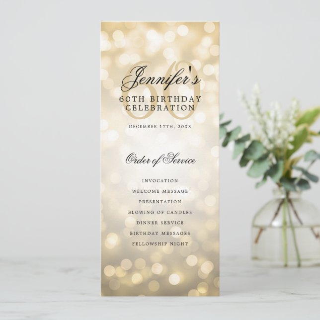 Elegant Gold Bokeh 60th Birthday Program w/ Menu Invitation (Standing Front)