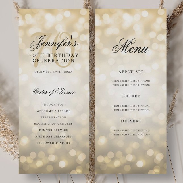 Elegant Gold Bokeh 70th Birthday Program w/ Menu Invitation (Elegant Gold Bokeh 70th Birthday Program w/ Menu)