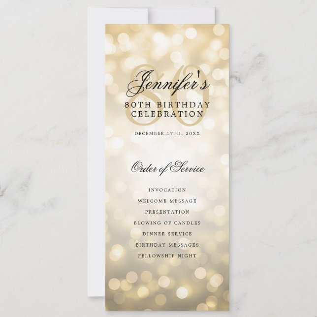 Elegant Gold Bokeh 80th Birthday Program w/ Menu Invitation (Front)