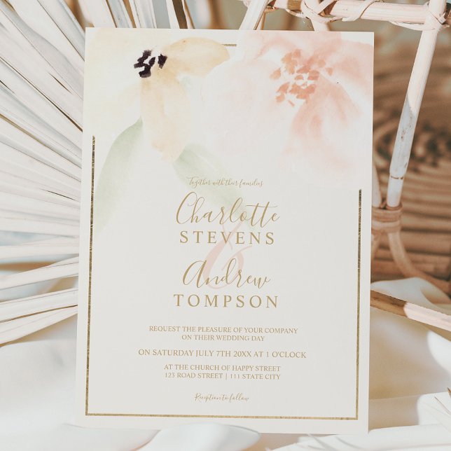Elegant gold bold soft floral watercolor wedding invitation (Creator Uploaded)