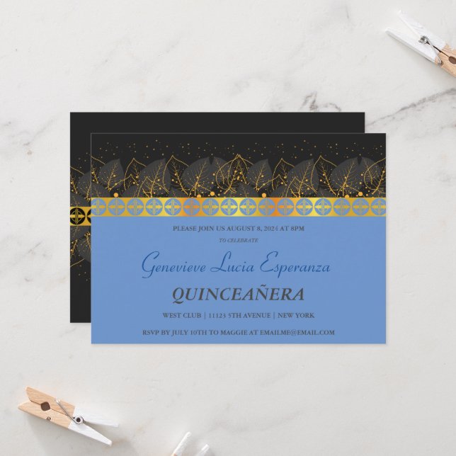 Elegant Gold Border Quinceañera Invitation (Front/Back In Situ)