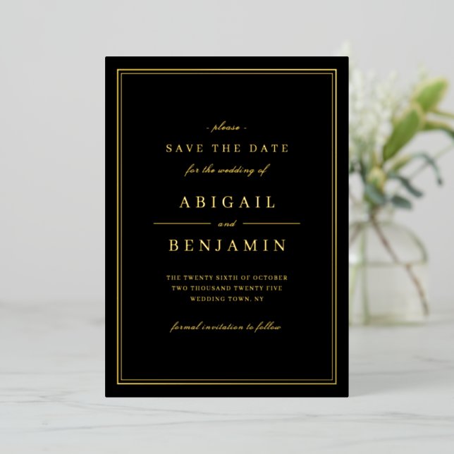 Elegant gold borders minimalist save the date (Standing Front)