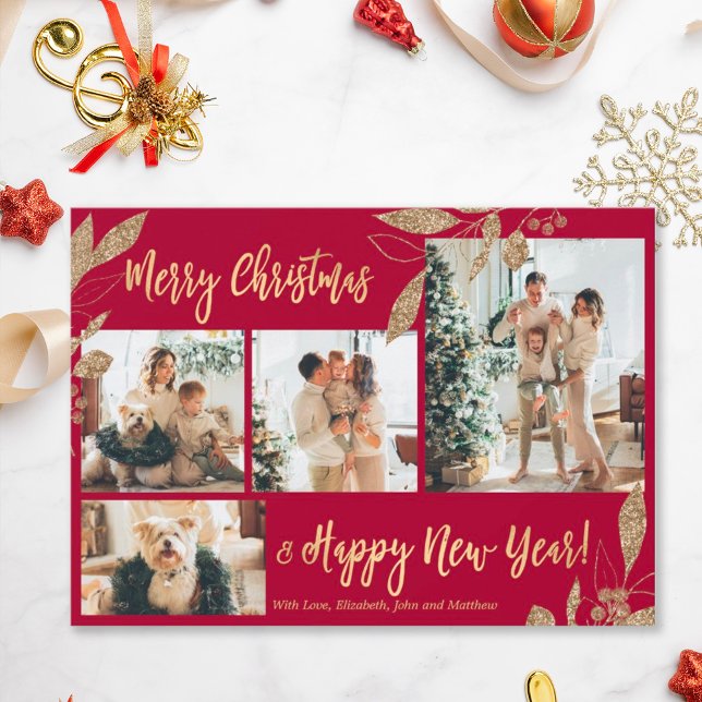 Elegant Gold Bordo 4 Photo Collage Christmas Card (Creator Uploaded)