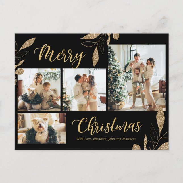 Elegant Gold Botanical 4 Photo Collage Christmas P Postcard (Front)