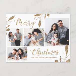 Elegant Gold Botanical 4 Photo Collage Christmas Postcard