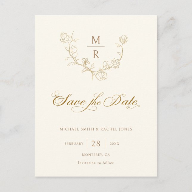 Elegant Gold Botanical Calligraphy Save the Date Announcement Postcard (Front)