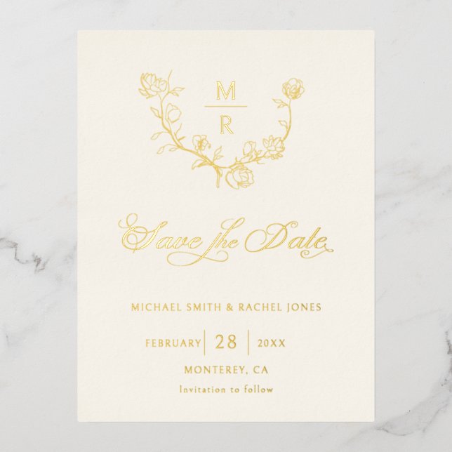 Elegant Gold Botanical Calligraphy Save the Date Foil Invitation Postcard (Front)
