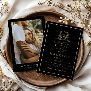 Elegant  gold botanical crest monogram wedding fo