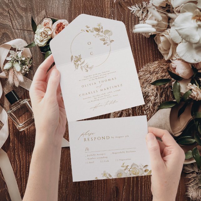 Elegant Gold Botanical Floral Wedding Monogram All In One Invitation (Elegant Gold Botanical Floral Wedding Monogram All All In One Invitation)
