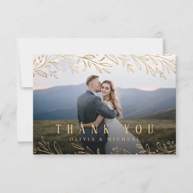 Elegant gold botanical foliage photo thank you card (Front)