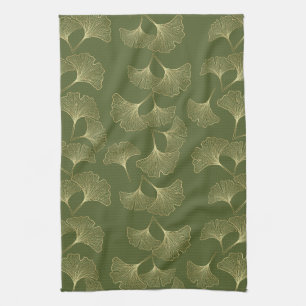 Elegant Gold Botanical Leaves Tea Towel