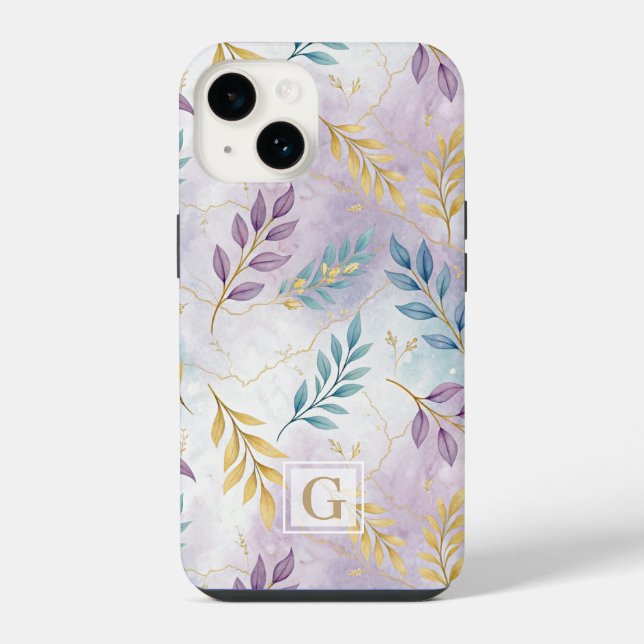 Elegant Gold Botanical Marble Mongram iPhone Case (Back)