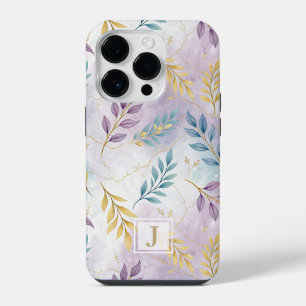 Elegant Gold Botanical Marble Mongram iPhone 14 Pro Case
