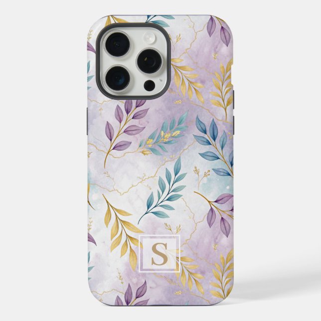 Elegant Gold Botanical Marble Mongram iPhone Case (Back)