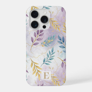 Elegant Gold Botanical Marble Mongram iPhone 15 Pro Case