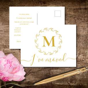 Elegant Gold Botanical Monogram I've Moved Postcard