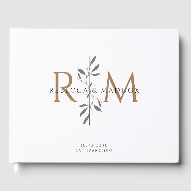 Elegant Gold Botanical Monogram Wedding Guest Book (Front)