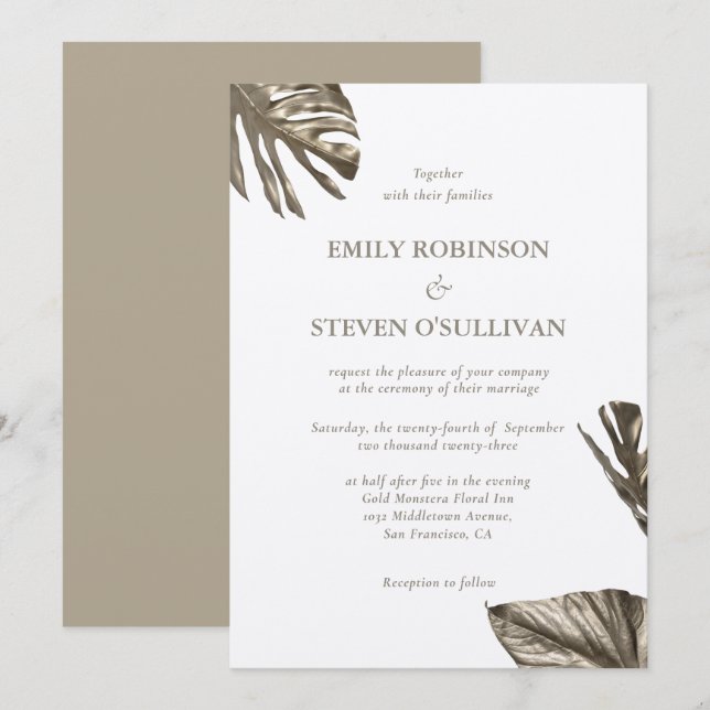 Elegant Gold Botanical Monstera Leaves Wedding Invitation (Front/Back)