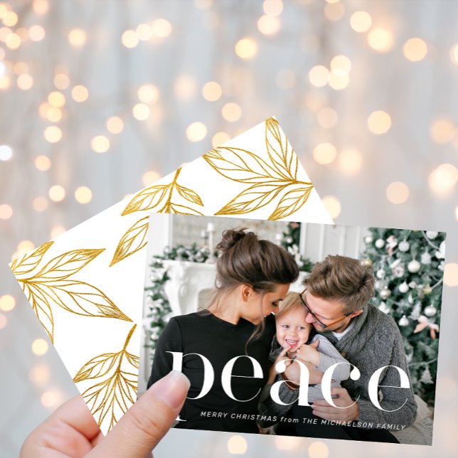 Elegant Gold Botanical One Photo Peace Christmas Holiday Card (Creator Uploaded)