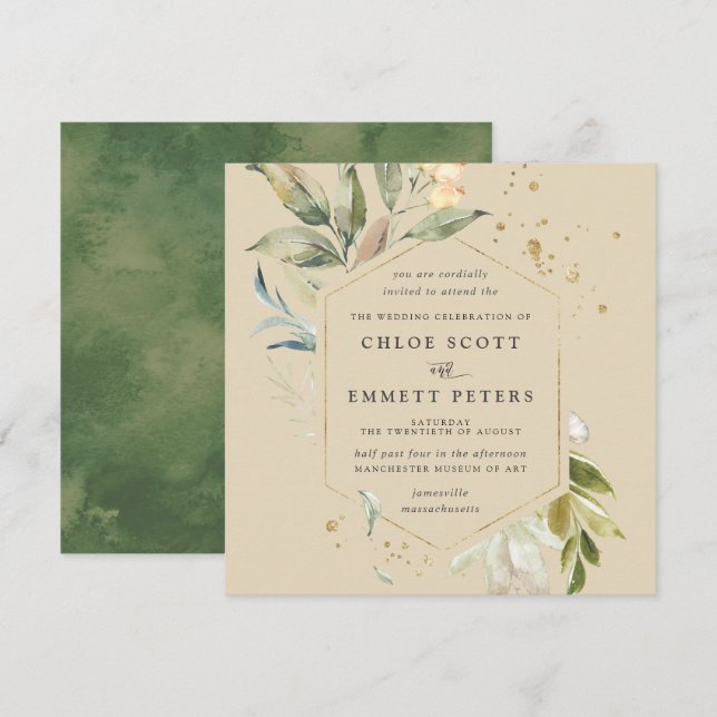 Elegant Gold Botanical Square Wedding Invitation (Front/Back)