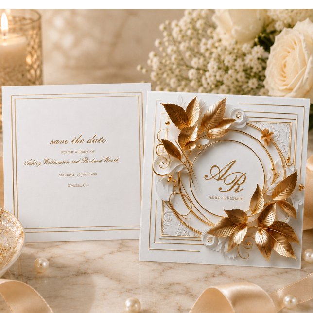 Elegant Gold Botanical Wedding Save The Date (elegant opulent ivory gold foliage personalized wedding save the date cards)