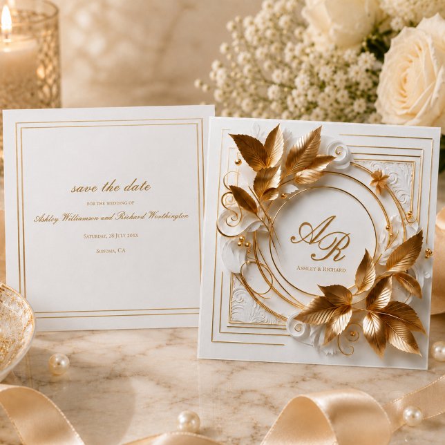 Elegant Gold Botanical Wedding Save The Date (elegant opulent ivory gold foliage personalized wedding save the date cards)
