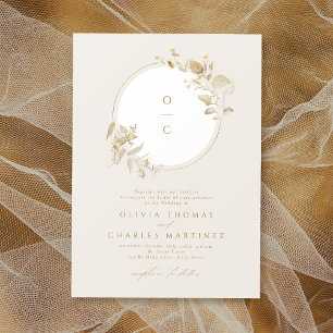 Elegant Gold Botanical Wreath Monogram Wedding Invitation